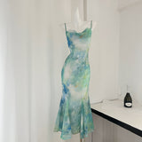 Cute Mermaid Spaghetti Straps Green Long Summer Dress For Women HZ1214