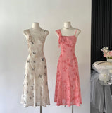 Sexy A line Spaghetti Straps Floral Long Pink Floral Dress Holiday Party Outfits For Women HZ1214