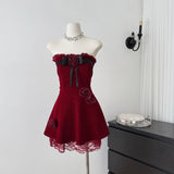 Sexy A line Strapless Summer Burgundy Velvet Dress Holiday Party Outfits For Women HZ1214