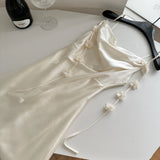 Cute A line Spaghetti Straps Champagne Floral Long Satin Summer Dress For Women HZ1214