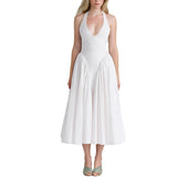Women's Spring New Temperament Pure Color Elegant Hanging Neck Deep V Folds New Year Dress Dress Dress HZ0108