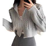 2025 Autumn And Winter Women's Version Of The Korean Version Of The Retro Temperament Students Double Zipper Solid Color Sesame Sweater Coat Women's Knitted Open Shirt HZ0108