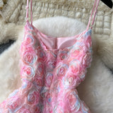 Niulatu A line Spaghetti Straps Pink Floral Holiday Dresses Midi Length Women's Dress SD1274