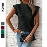 2025 Summer New Semi-High-Neck Texture Wavy Button Short-Sleeved Top HZ0108