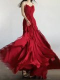 Niulatu Mermaid Spaghetti Straps Red Chiffon Ruffles Birthday Dresses Long Prom Dress SD1160