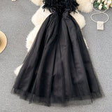 Niulatu A line Spaghetti Straps Black Tulle Holiday Dresses Feather Women's Dress SD1270