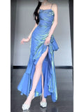 Niulatu Mermaid Spaghetti Straps Blue Long Prom Dress Birthday Dresses Birthday Outfits SD1165