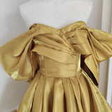 Niulatu A line Off The Shoulder Yellow Satin Travel Vacation Dresses Short Birthday Dress SD1249