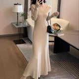 Yujie Style V Collar Temperament Knitted Dress Women Autumn And Winter Dress Dress Inside The Dress With A Long Skirt Sweater Clad Fishtail Skirt HZ0108