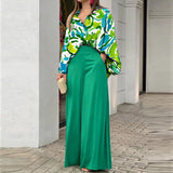 Women's 2025 Spring Sets Easier Elegant Casual Printed Shirts Broad Legs Fashion Set Women HZ0108
