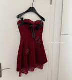 Sexy A line Strapless Summer Burgundy Velvet Dress Holiday Party Outfits For Women HZ1214