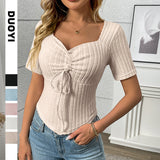 2025 Summer New Fashion Folding Drawstring Sexy Short-Sleeved Top HZ0108