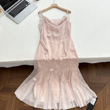 Cute Mermaid Straps Floral Pink Lace Long Summer Dress For Women HZ1214