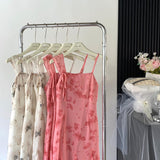 Sexy A line Spaghetti Straps Floral Long Pink Floral Dress Holiday Party Outfits For Women HZ1214
