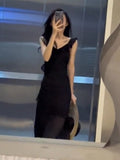 Niulatu Sheath V Neckline Ruffled Black Chiffon Beach Dress Women's Vacation Dresses SD1140