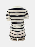 2025 Summer New Women's Stripe Crochet Short-Sleeved Collar Short Sleeves Casual Shorts Two-Set HZ0108