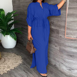 Spring 2025 Women's Loose Casual Open Fork Bag Muslim Dress Solid Color Dress HZ0108