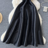 Niulatu A line Straps Black Satin Holiday Dresses Midi Length Women's Dress SD1272