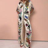 Spring Women's Dress 2025 Temperament New Casual Print V-Neck Shirt Broad Leg Pants Women's Suit HZ0108