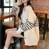 Hong Kong Flavor Retro-Colored Striped Knitted Cardigan Coat Women's Autumn And Winter Women's Loose Lazy Casual V-Neck Sweater HZ0108