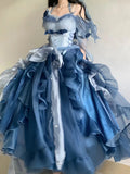 Vintage Ball Gown Off The Shoulder Short Sleeves Blue 16th Chiffon Birthday Dress Lolita Dress 18th Birthday Outfits HZ1214