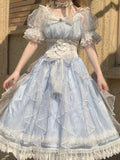 Sweet A line Blue Lace Tulle Short Sleeves 16th Birthday Dress Lolita Dresses Summer Birthday Outfits HZ1214