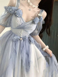 Sweet A line Sweetheart Blue Chiffon Floral Long 16th Birthday Dress Lolita Dress Birthday Outfits HZ1214