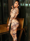 Autumn 2025 New Women's Sexy Umbilly Long-Sleeved Blouse Fashion Print Trousers Two-Set HZ0108