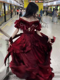 Retro Ball Gown Off The Shoulder Short Sleeves Burgundy Floral 16th Chiffon Birthday Dress Lolita Dress 18th Birthday Outfits HZ1214