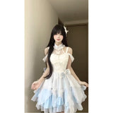 Vintage Ball Gown High Neck Light Sky Blue Chiffon Short Summer 18th Birthday Dress Lolita Dress Birthday Outfits HZ1214