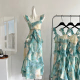 Sexy Mermaid Square Floral Green Summer Dress Holiday Party Outfits For Women HZ1214