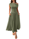 2025 Summer Slanted Shoulder Sexy Waist Solid Color Long With Pocket Dress HZ0108