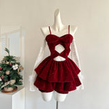 Cute Spaghetti Straps Red Ruffles Velvet Summer Dress 3 Pieces Holiday Party Outfits For Women HZ1214