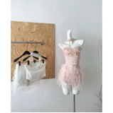 Cute Spaghetti Straps Pink Ruffles Tulle Summer Dress 2 Pieces Holiday Party Outfits For Women HZ1214