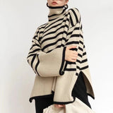 Striped Turtleneck Sweater Women 2025 Autumn And Winter New Loose Lazy Wind Open Fork Knitting Jacket Woman HZ0108