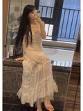 Niulatu A line Spaghetti Straps Lace White Chiffon Beach Dress Women's Vacation Dresses SD1142