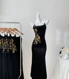 Sexy Mermaid Spaghetti Straps Black Velvet Long Summer Dress For Women HZ1214