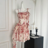 Sweet A Line Straps Pink Floral Summer Short Dresses HZ1214