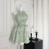Sweet A Line Halter Green Floral Summer Short Women Summer Holiday Dresses HZ1214