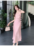 Cute A line Spaghetti Straps Pink Floral Long Satin Summer Dress For Women HZ1214