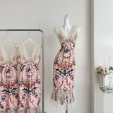 Cute Mermaid V Neckline Floral Pink Lace Long Summer Dress For Women HZ1214