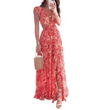 2025 Spring Dress Women's Vacation Sexy Sleeveless Print V-Necked Open-Loaf Leaf Leaf Leaf Leaf Leaf Dress HZ0108