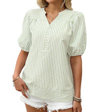 Women's Shirt 2025 New V-Neck Splicing Bubble Sleeve Striped Top HZ0108