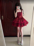 Niulatu Ball Gown Square Neckline Short Tulle Burgundy Lolita Dresses Party Dress Birthday Outfits SD1205