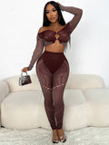 2025 Female Solid Color Seam Drill Shoulder Long Sleeve Umbilong Quilt Jersey Trousers Knitted Casual Suit Sexy HZ0108