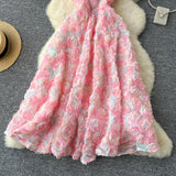Niulatu A line Spaghetti Straps Pink Floral Holiday Dresses Midi Length Women's Dress SD1274