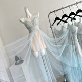 Sexy A Line Spaghetti Straps Blue Tulle Summer Dress Holiday Party Birthday Outfits For Teens HZ1214