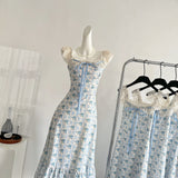 Sexy A line Straps Floral Blue Summer Dress Holiday Party Birthday Outfits For Women HZ1214