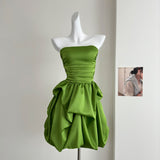Cute A line Strapless Green Satin Short Summer Dress Holiday Party Birthday Outfits HZ1214
