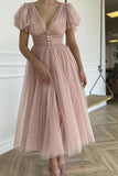 Niulatu Sequins V Neck Pink Tea Length Prom Dress, V Neck Pink Homecoming Dress, Pink Formal Evening Dress HZ0113